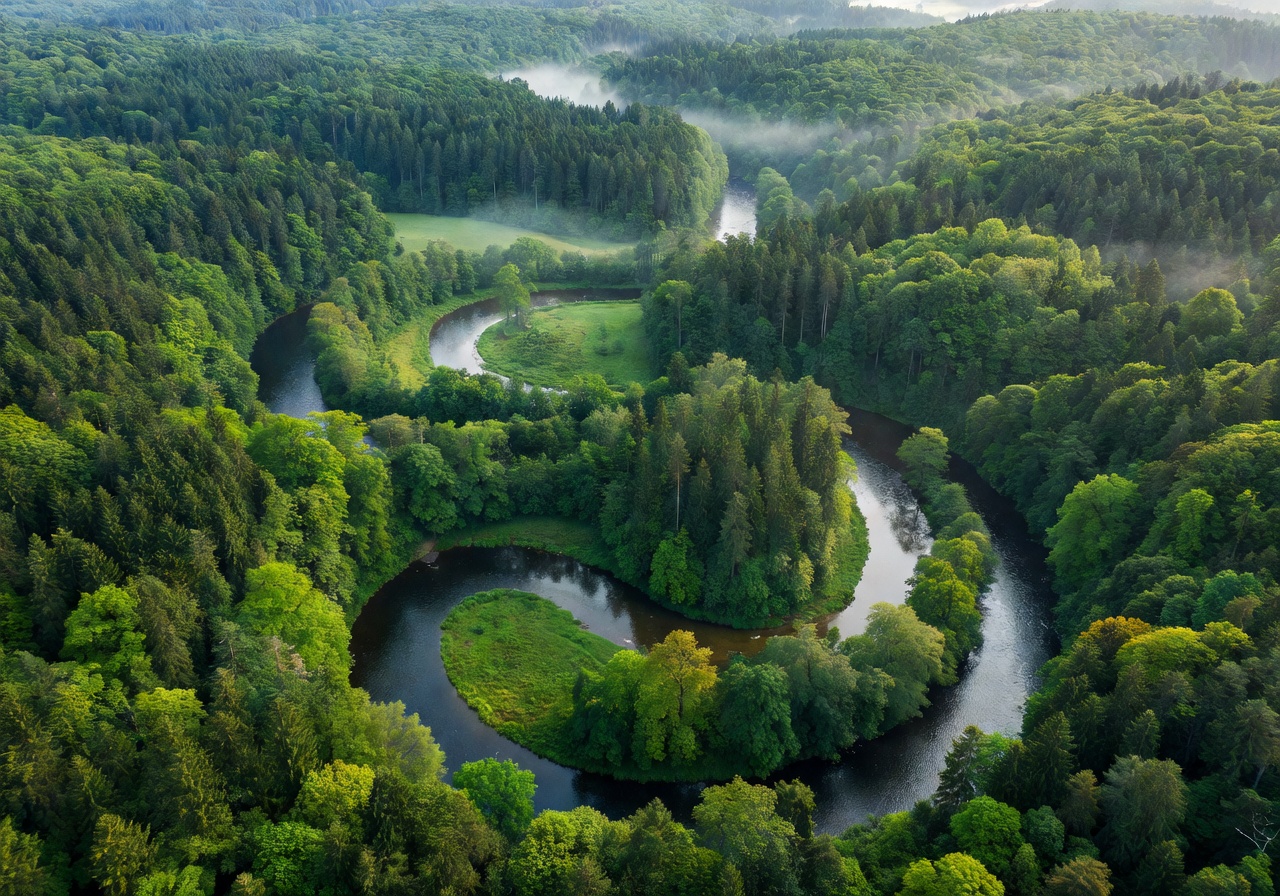 Aerial view of a winding river flowing through a vibrant green German valley landscape