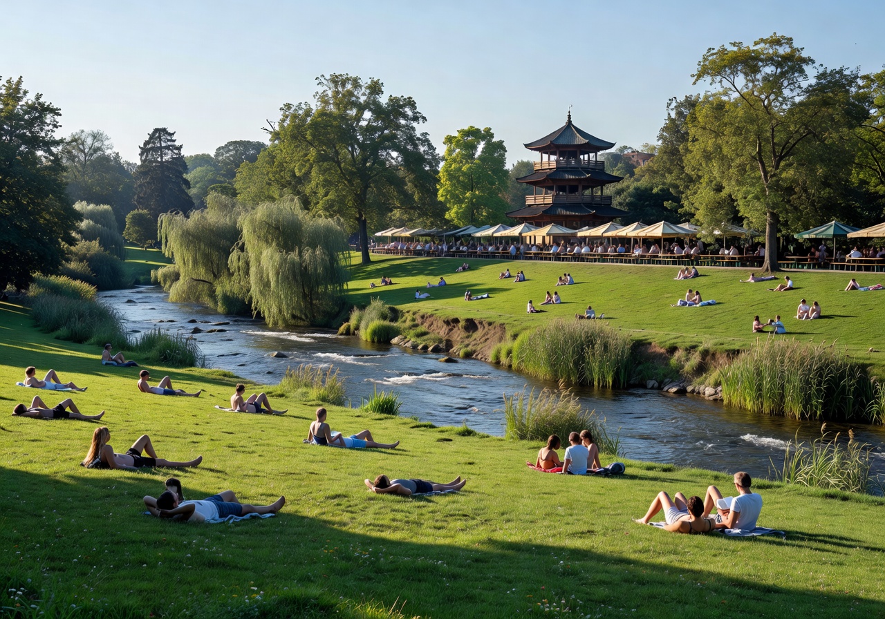 Englischer Garten Munich expansive meadow with sunbathers, the Eisbach river flowing through, and a distant view of the Chinese Tower beer garden