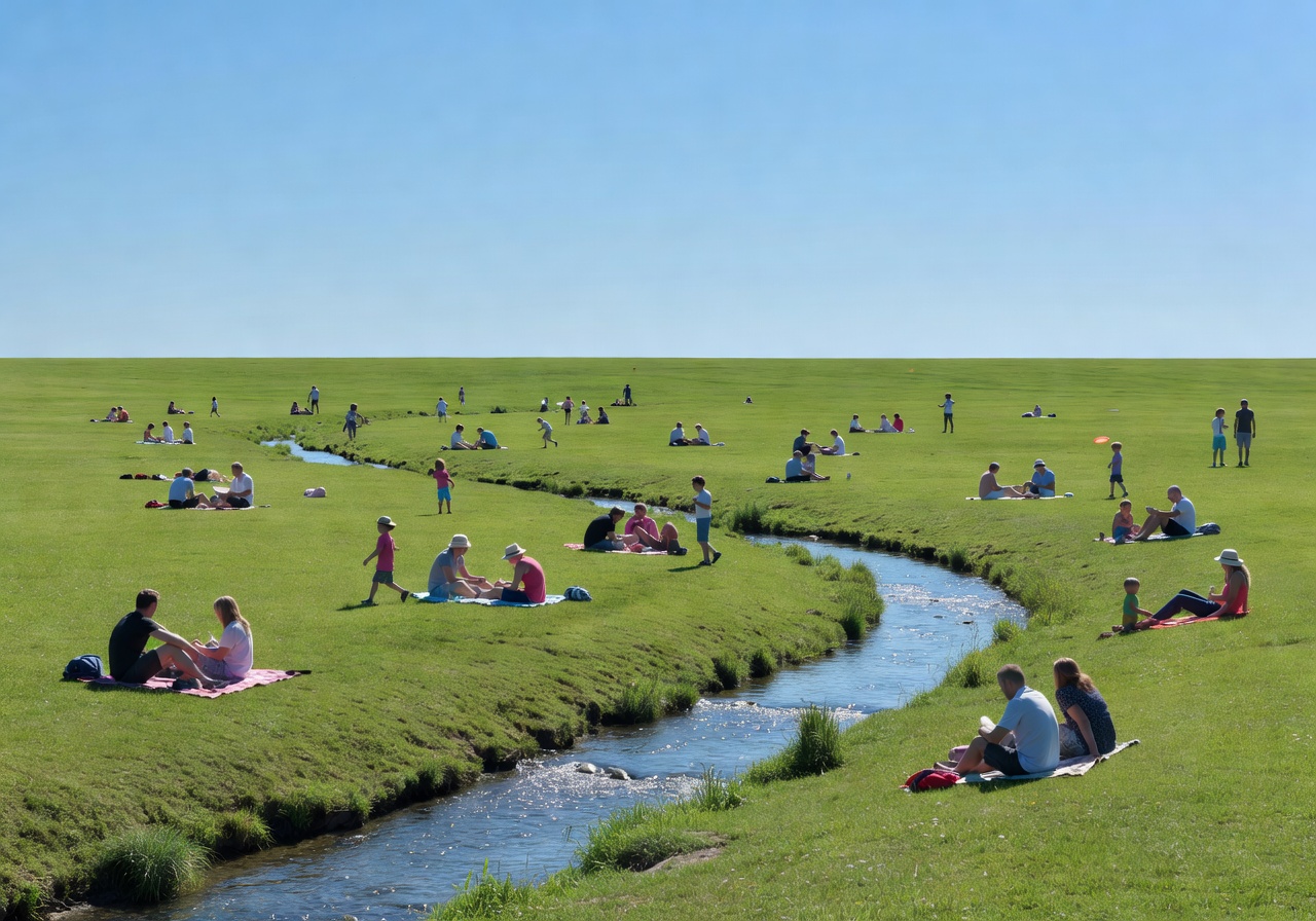 Englischer Garten in Munich showing wide open meadows with people relaxing near a stream