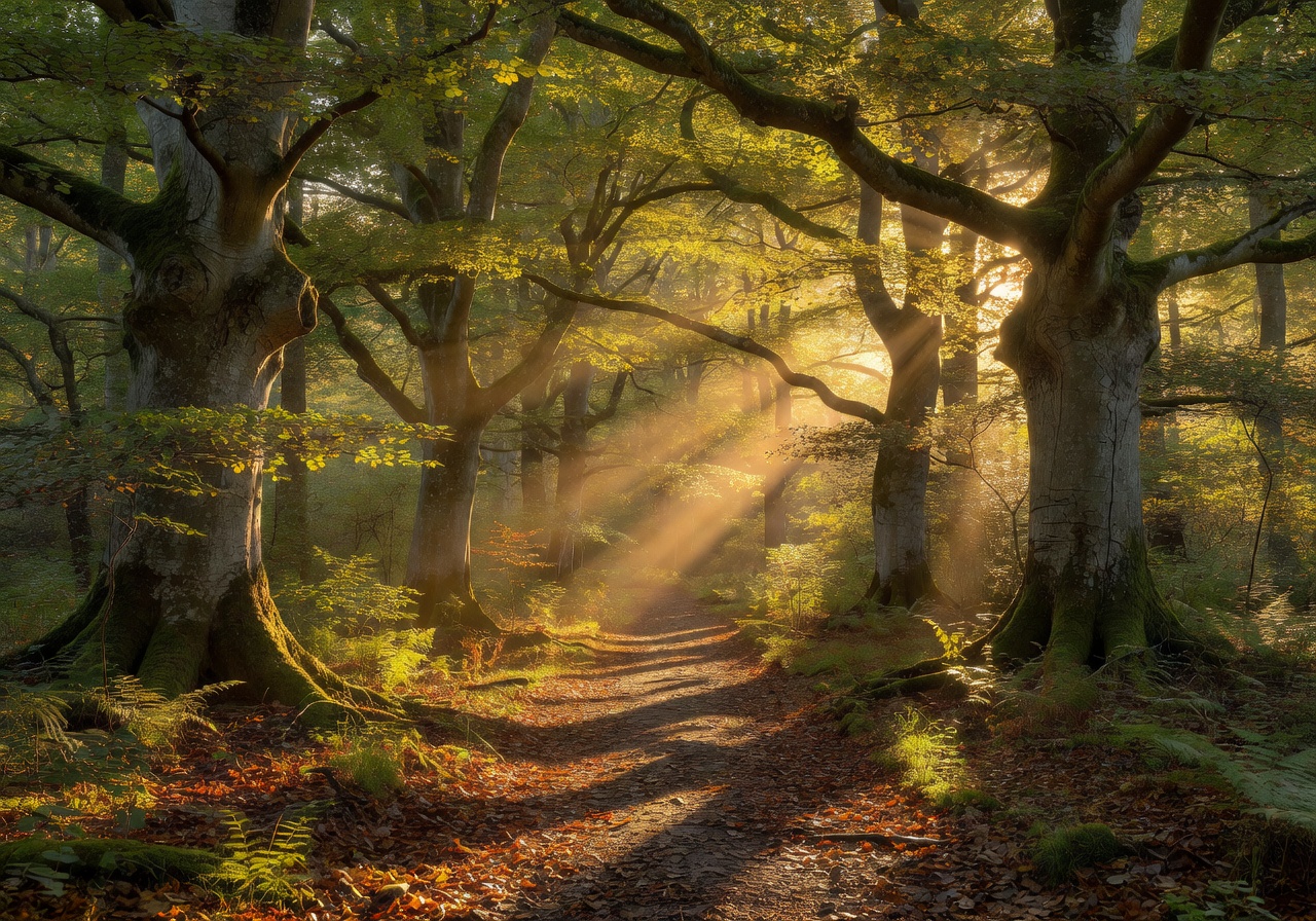 Sunlight filtering through tall forest trees in a German nature reserve, creating golden rays of light