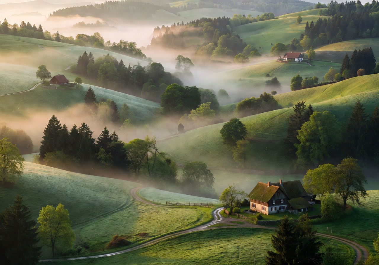 Misty green hills and valleys of the German countryside with soft morning light