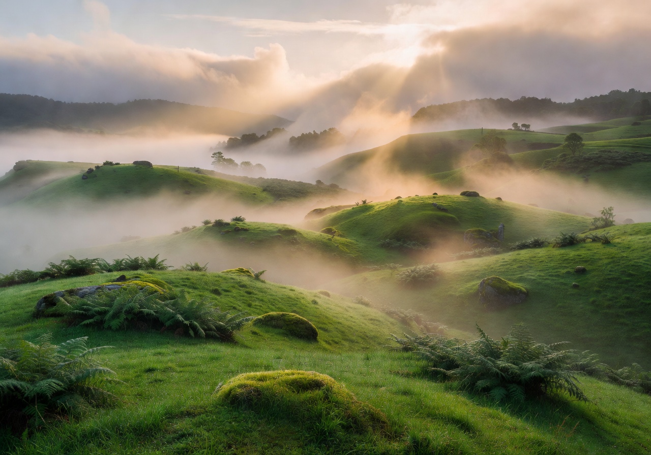 Misty valley with lush green rolling hills and morning sunlight breaking through clouds