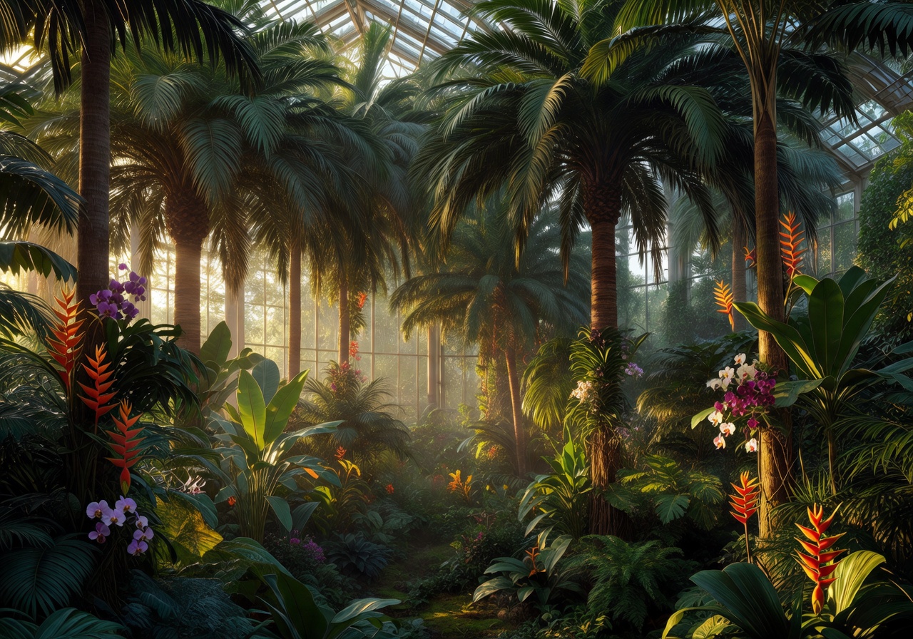 Palmengarten Frankfurt lush tropical greenhouse interior with towering palms, exotic flowers, and warm diffused sunlight streaming through glass walls