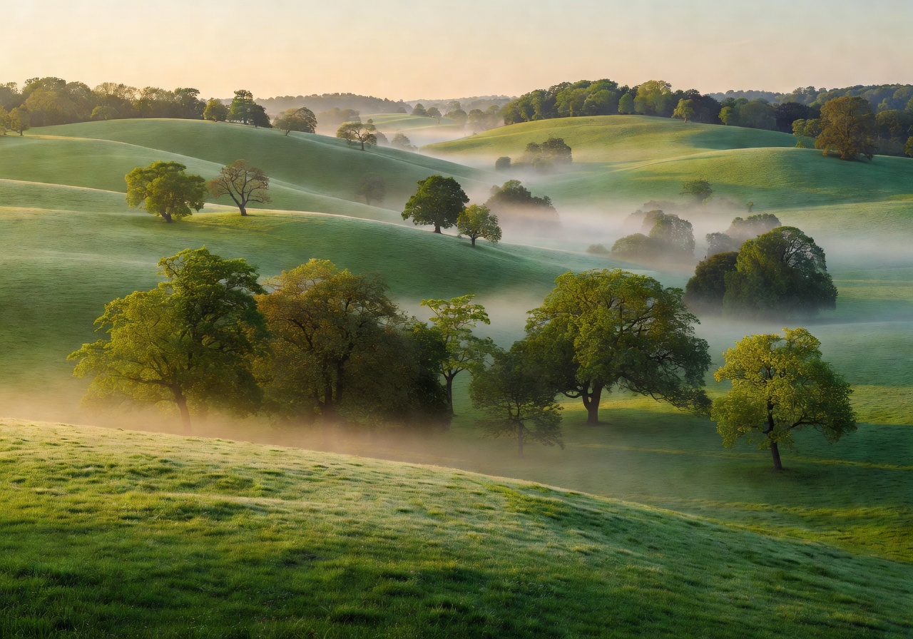 Panoramic view of a vast German park landscape with rolling green hills, scattered trees, and a soft morning mist