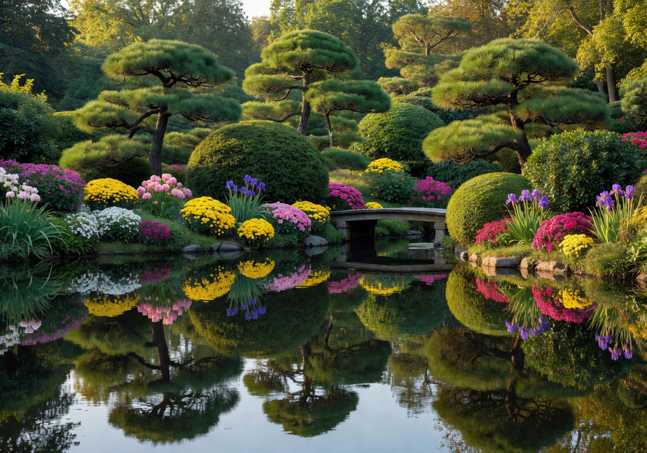Planten un Blomen Hamburg Japanese garden with a serene pond, manicured shrubs, and colorful flower beds reflecting in still water