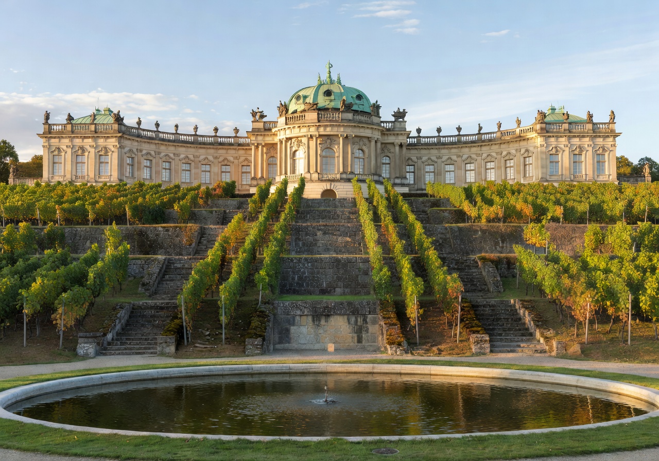 Sanssouci Park in Potsdam with ornate terraced vineyards and the golden facade of Sanssouci Palace