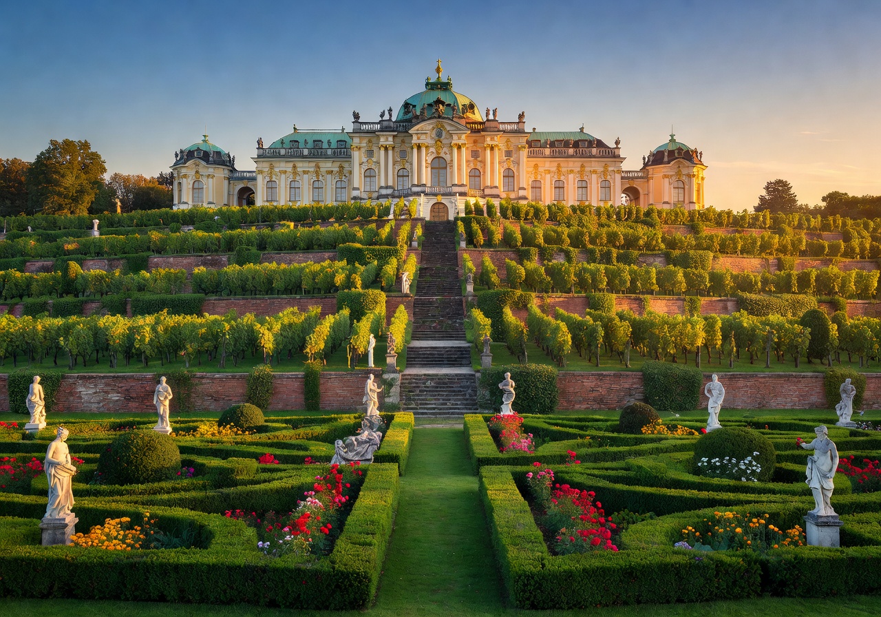 Sanssouci Park Potsdam showing the grand terraced vineyards leading up to the ornate Sanssouci Palace with sculptured gardens in the foreground