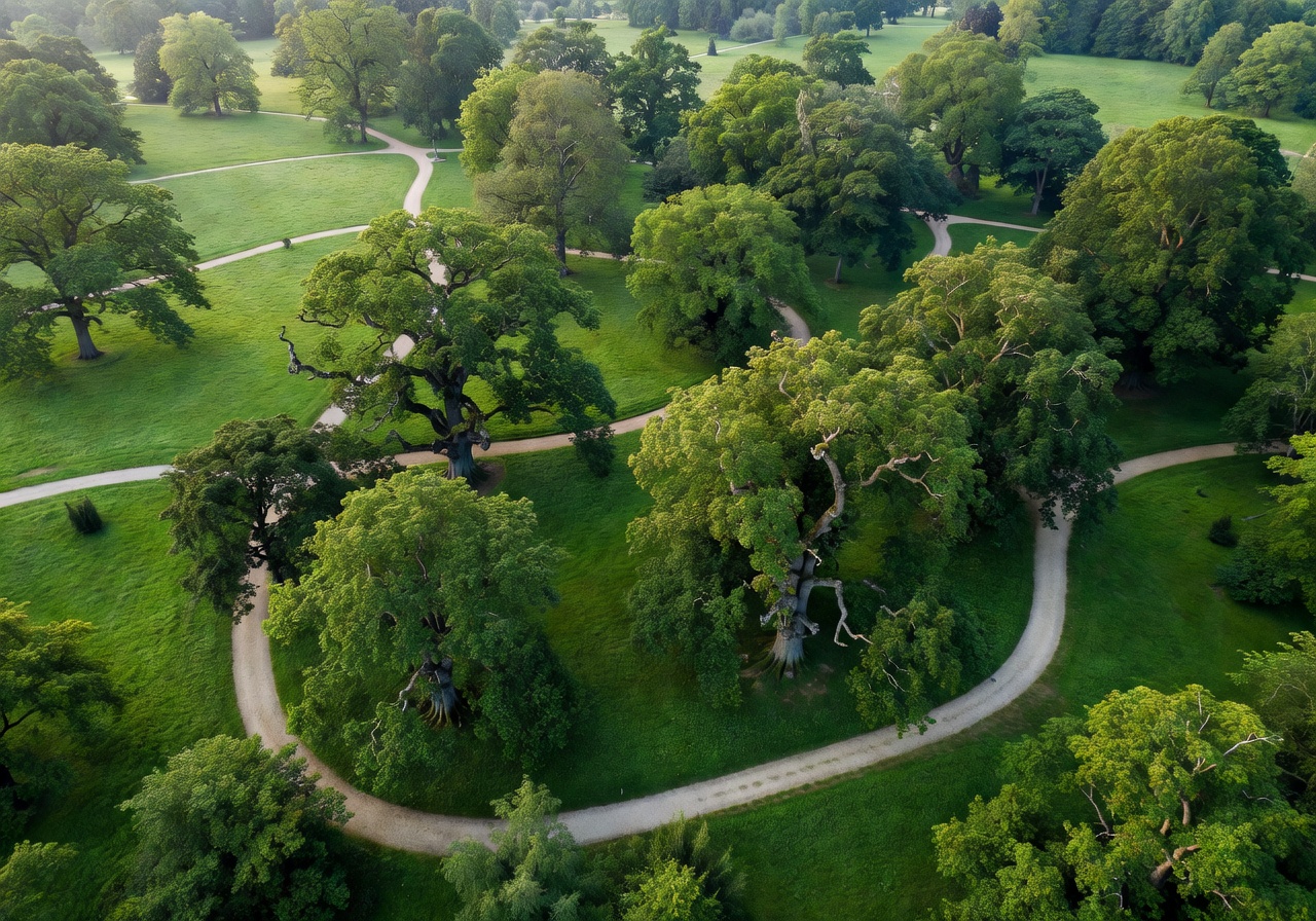 Scenic aerial view of lush green German parkland with winding paths and ancient trees
