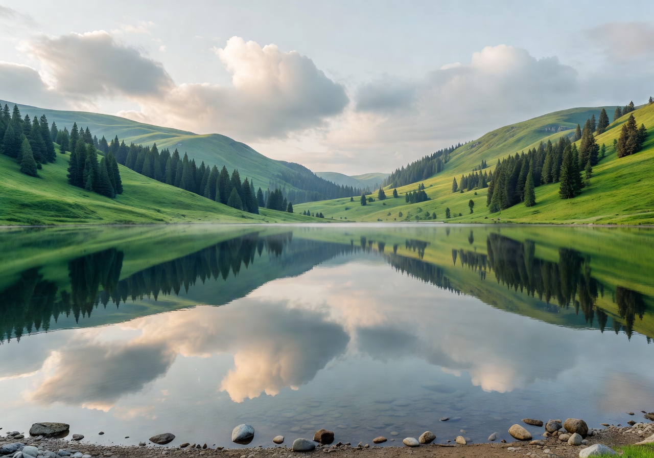 Serene mountain lake reflecting green hills and cloudy sky, evoking peace and nature travel