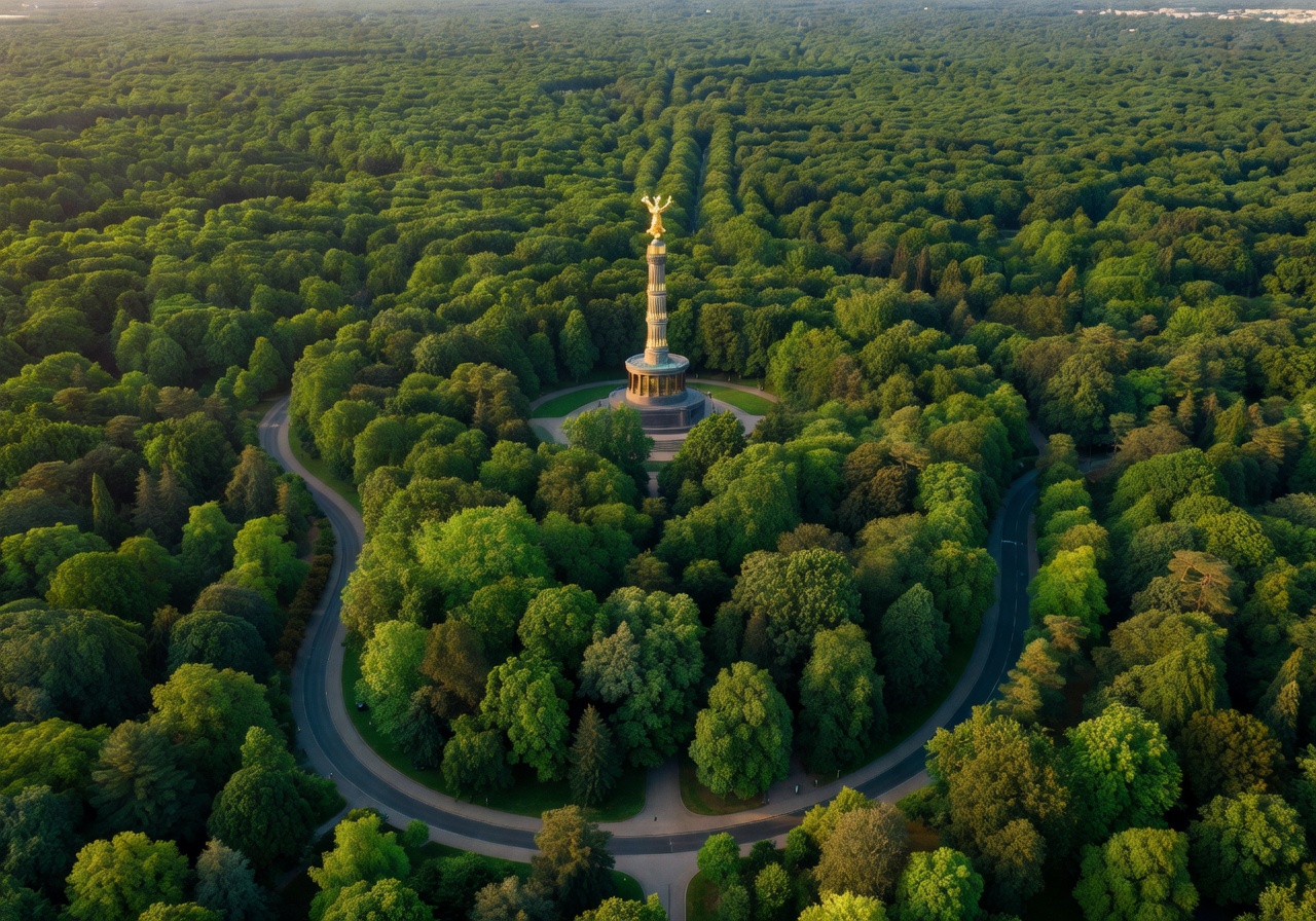 Tiergarten Berlin aerial view showing Victory Column surrounded by lush tree canopy and winding park roads