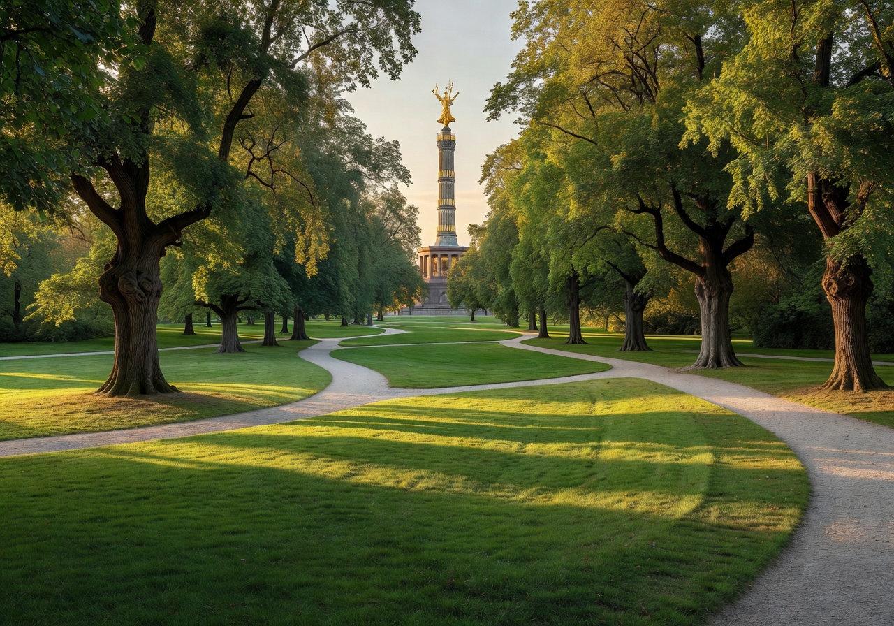 Tiergarten Berlin panoramic view showing expansive lawns, winding paths through ancient linden trees, and the golden Victory Column in the distance