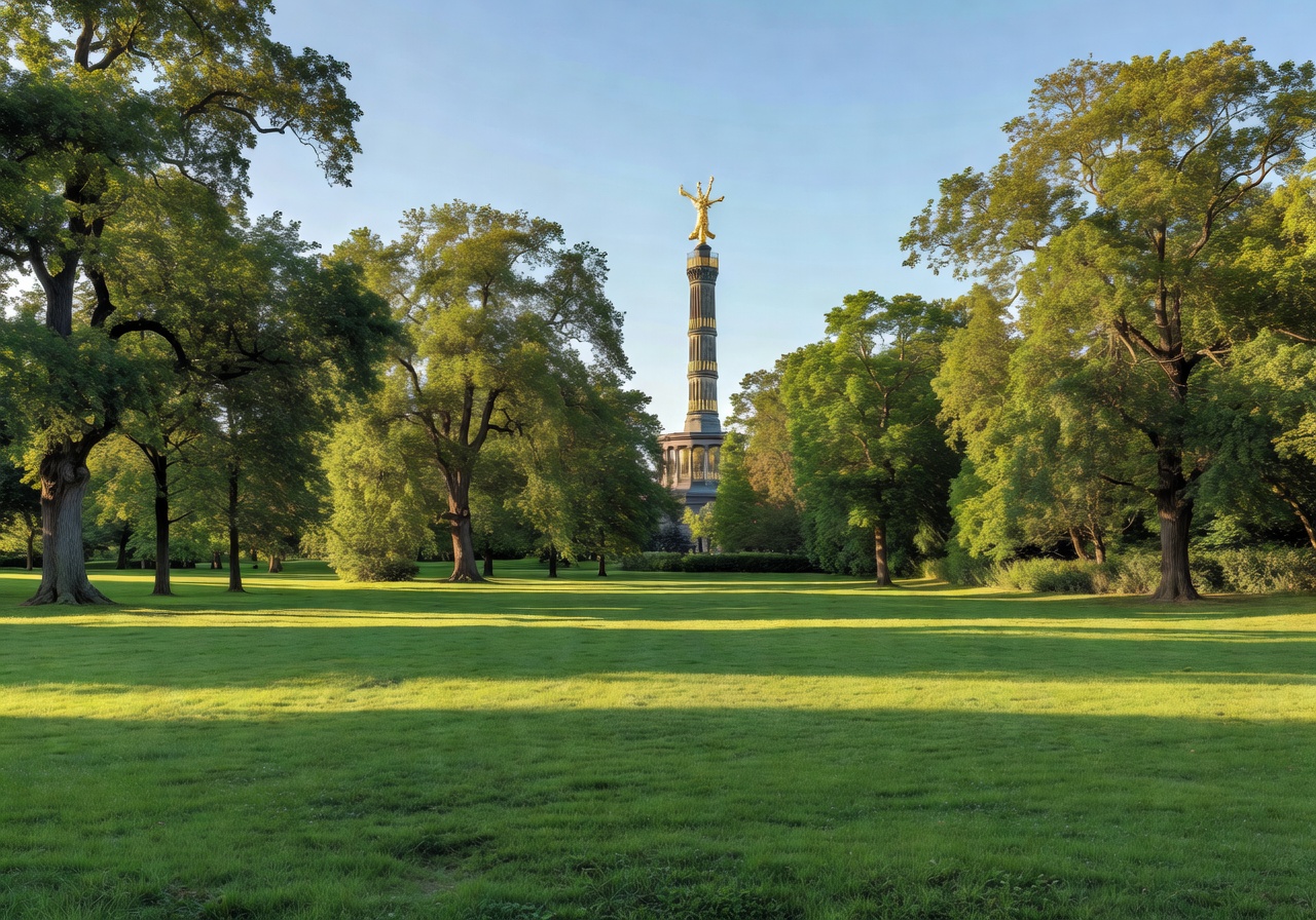 Tiergarten park in Berlin with sprawling green lawns, mature trees, and the Victory Column rising in the background